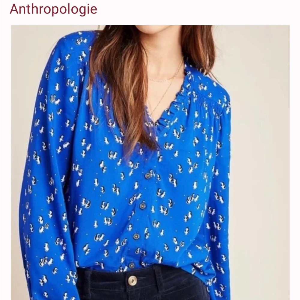 Anthropologie Maeve Marisol Blue Penguin Printed Ruffle Blouse, size 6